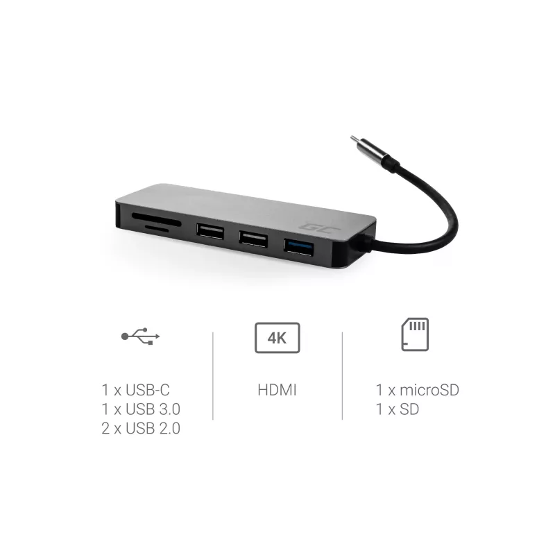 Green Cell AK50 - USB 3.2 Gen 1 Type-C - USB 2.0 - USB 3.2 Gen 1 Type-A - USB 3.2 Gen 1 Type-C - MicroSD (TransFlash) - SD - Sudraba - Apple MacBook