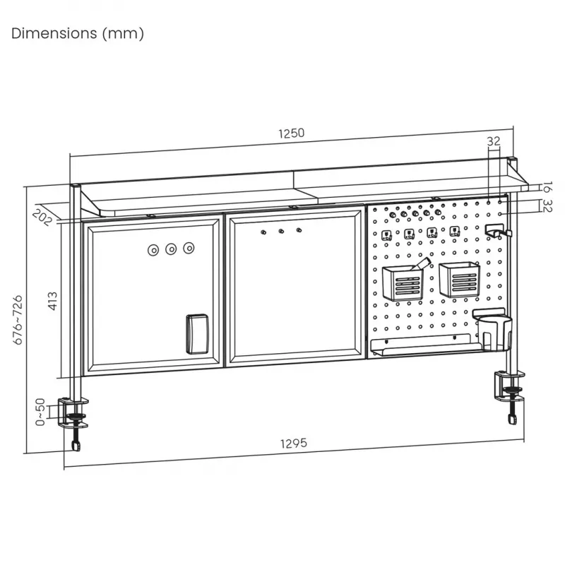 Galda starpsiena ergo office ER-300 B, platums 1250 mm, maksimālā slodze 10 kg