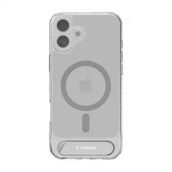 Maciņa Torras Pstand Series iPhone 16 Plus — caurspīdīgs aizsargvāciņš ar iebūvētu statīvu