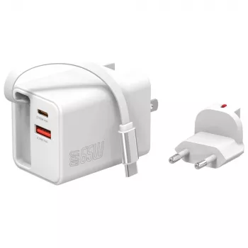 Iekštelpu USB-C/USB-A ātrais lādētājs 4smarts 541065 — universāls AC 100–240V, maks. 20V, 0,7 m kabelis, balts