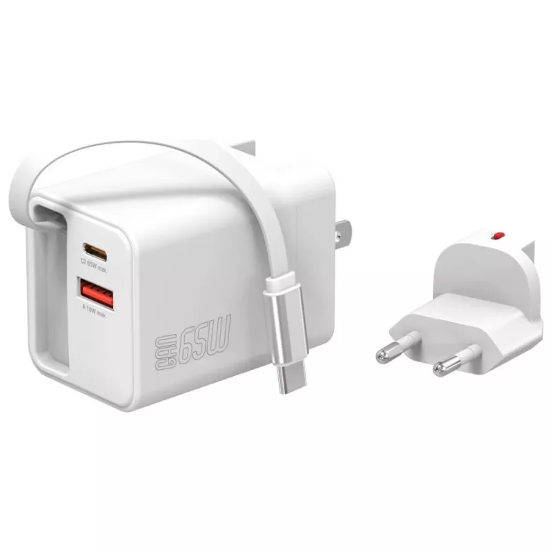 4smarts 541065 GaN Flex Jojo 65W tīkla lādētājs, 2x USB-C PD + USB-A QC 3.0, ievelkams USB-C vads, 100-240V, baltā krāsā