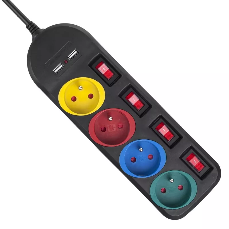 Pagarinātājs MACLEAN MCE229B — 4 AC kontaktligzdas, 2× USB-A, 1,5 m kabelis, 10 A, F tips, iekštelpām, melns