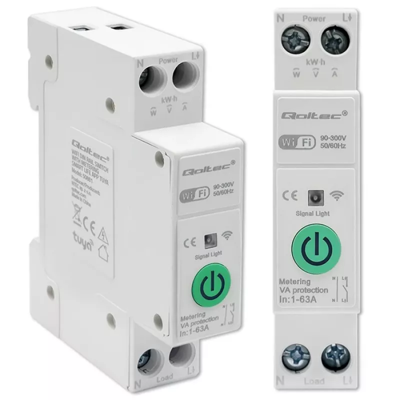 DIN-sliedes WiFi relejs QOLTEC 50881 — komutācijas relejs 63A elektroinstalācijām