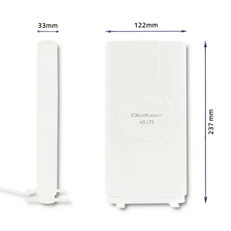 Qoltec 57013 visvirziena 4G LTE antena iekštelpām, 2x SMA, 0,6-2,7 GHz, 30 dBi, vertikāla polarizācija, 50 Ω, balts ABS