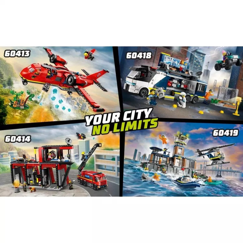 Konstruktors LEGO City Ugunsdzēsēju stacija ar pagriežamām kāpnēm 60414 — 843 gabali, 5 minifigūras