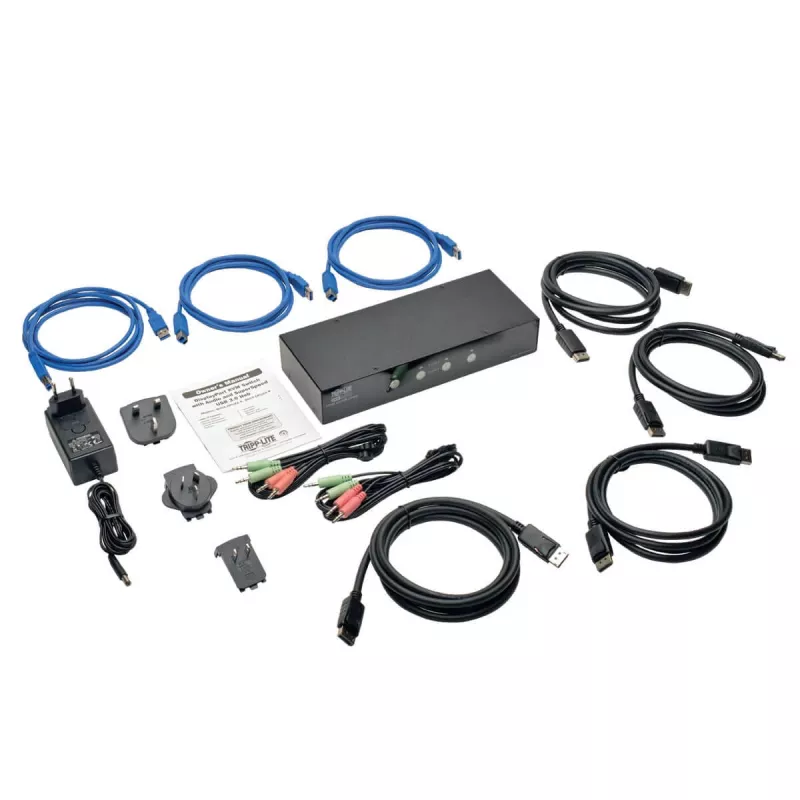 Eaton Tripp Lite 4 portu DisplayPort KVM slēdzis ar audio kabeļiem un USB 3.0 SuperSpeed centrmezglu (B004-DPUA4-K)