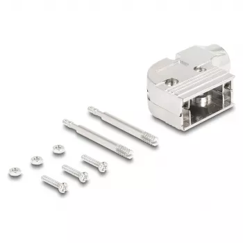 DELOCK D-Sub korpuss 9 kontaktu leņķa 90° kabeļa uzmava, sudraba plastmasa, 33×47×16 mm