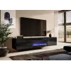 TV skapis Cama Meble SLIDE 200K ar elektrisko kamīnu 200×40×37 cm spīdīgi melns, MDF durvis, skaidu plātnes rāmis