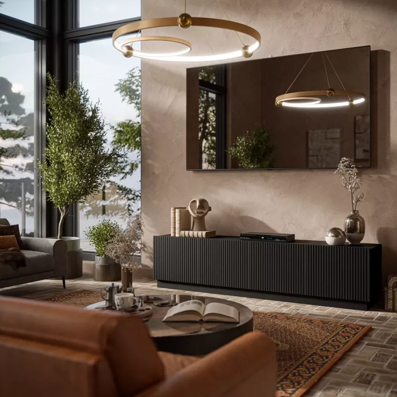 TV skapis LIVERTI 2000x420x480 mm, melna skaidu plātnes virsma, melns rāmis