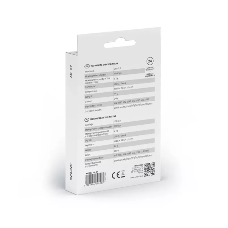 M.2 SSD korpuss SAVIO AK-67 Pelēks, USB 10 Gbit/s, viena M.2 diska atbalsts