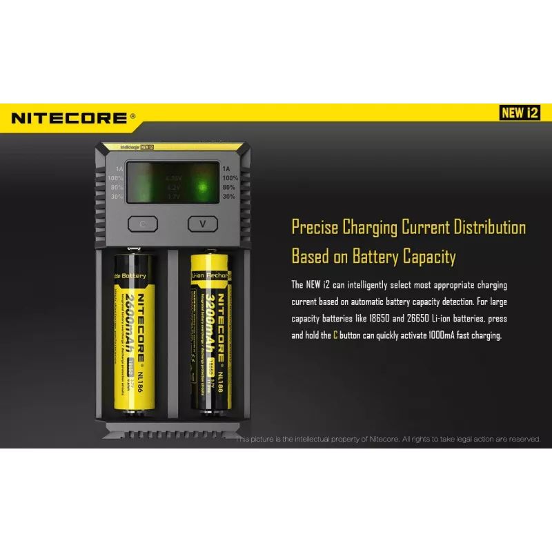Lādētājs Nitecore NEW i2 — 2 slotu lādētājs LiFePO4, Li-Ion, NiMH; 100–240 V; 9–12 V; AAAA/C/D/AAA/AA; melns