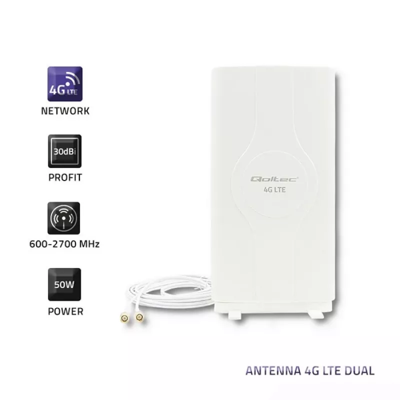 Qoltec 57013 visvirziena 4G LTE antena iekštelpām, 2x SMA, 0,6-2,7 GHz, 30 dBi, vertikāla polarizācija, 50 Ω, balts ABS