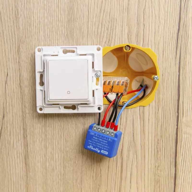 Viedais slēdzis Shelly 1 Mini Gen4 1P bezvadu 110–240V 50–60Hz 1.2W Bluetooth Wi‑Fi ZigBee 34×16×29 mm
