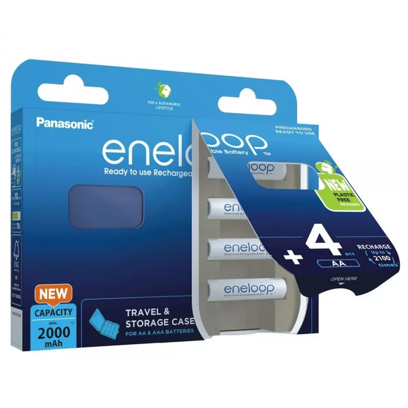 PANASONIC ENELOOP AA 2000 mAh uzlādējamās baterijas, 4 gab. + futrālis (BK-3MCDE/4CP+CASE)