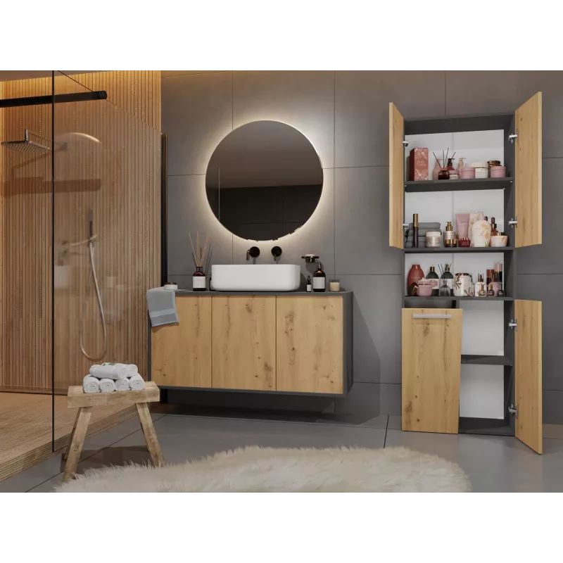 Vannas istabas skapis Top e Shop NEL 1K DK ANT/ART KP — Grafīts/Ozols, brīvi stāvošs, 5 plaukti, 600×300×1740 mm