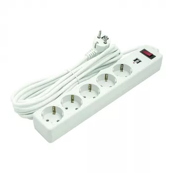 Buitinis pagarinātājs 5m, 5 rozetes, 2xUSB, ar slēdzi