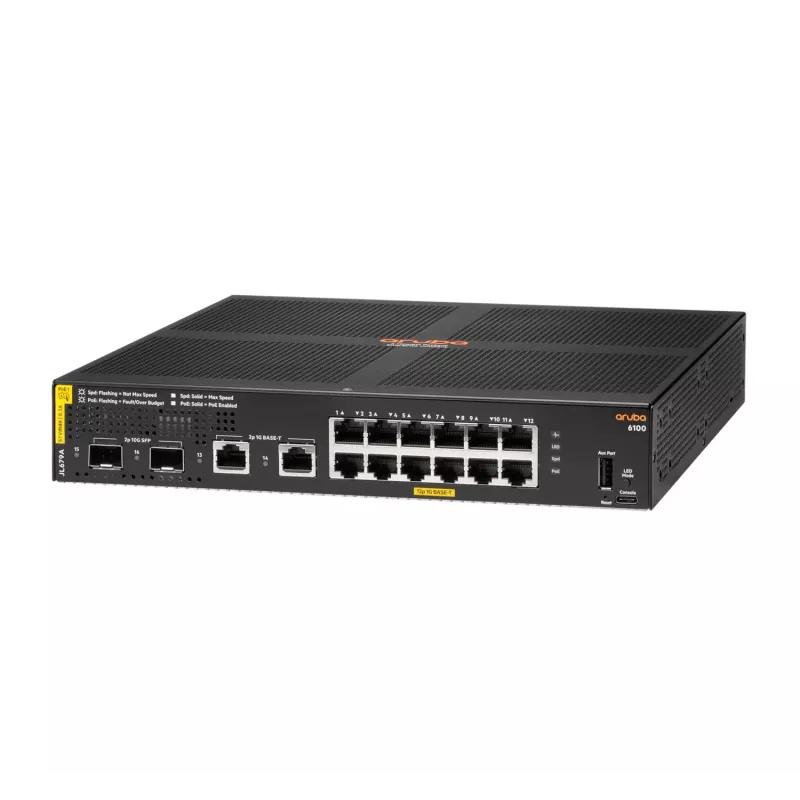 HPE Aruba Networking 6100 12G Class4 PoE 2G/2SFP+ 139W pārvaldāms L3 Gigabit Ethernet (10/100/1000) PoE slēdzis, 1U, melns