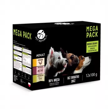 PetRepublic mitrās suņu barības paciņas 12 x 100 g – vista, liellopu gaļa, jēra gaļa