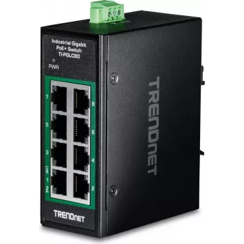 TRENDnet 8-Port Industrial Gigabit PoE+ DIN-Sliežu Mini Slēdzis (TI-PGLC80)