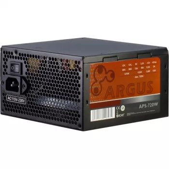 INTER TECH Argus APS-720W - Barošanas bloks (115-230 V, 20+4 kontaktu ATX, 47-63 Hz, 12V1, +12V2, +3.3V, +5V, +5Vsb, 12V, aktīvais PFC, ATX, melns)