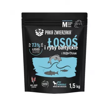 Sausā suņu barība PAKA ZWIERZAKA Lasis ar Baltijas zivīm M — pieaugušo uzturēšana, 1,5 kg, bezgraudu, 29% olbaltumvielas