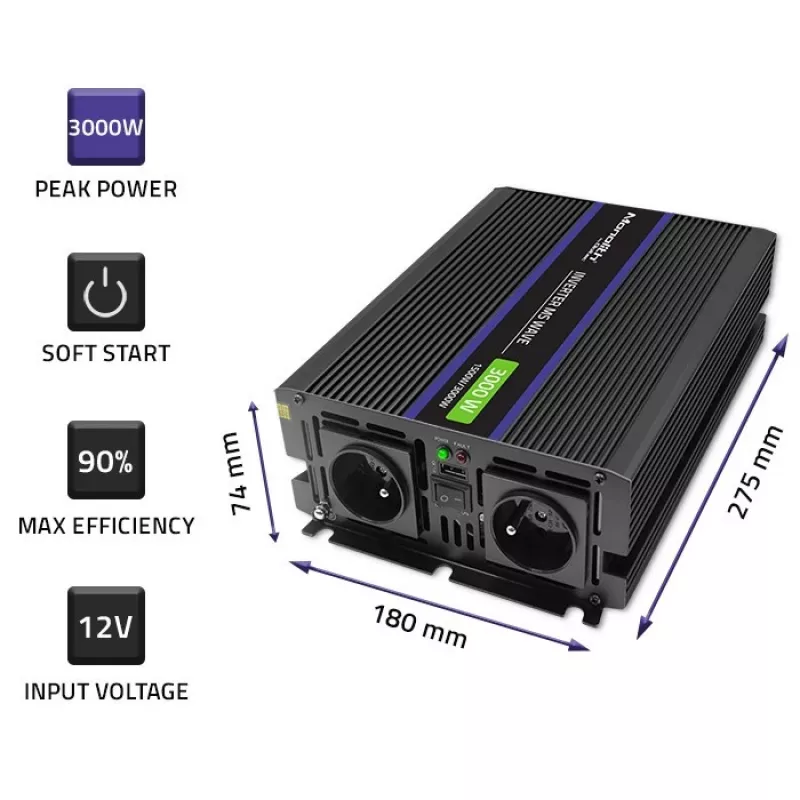 QOLTEC Monolith 3000 MS Wave tīkla invertors, 12V→230V, 1500/3000W, ar USB