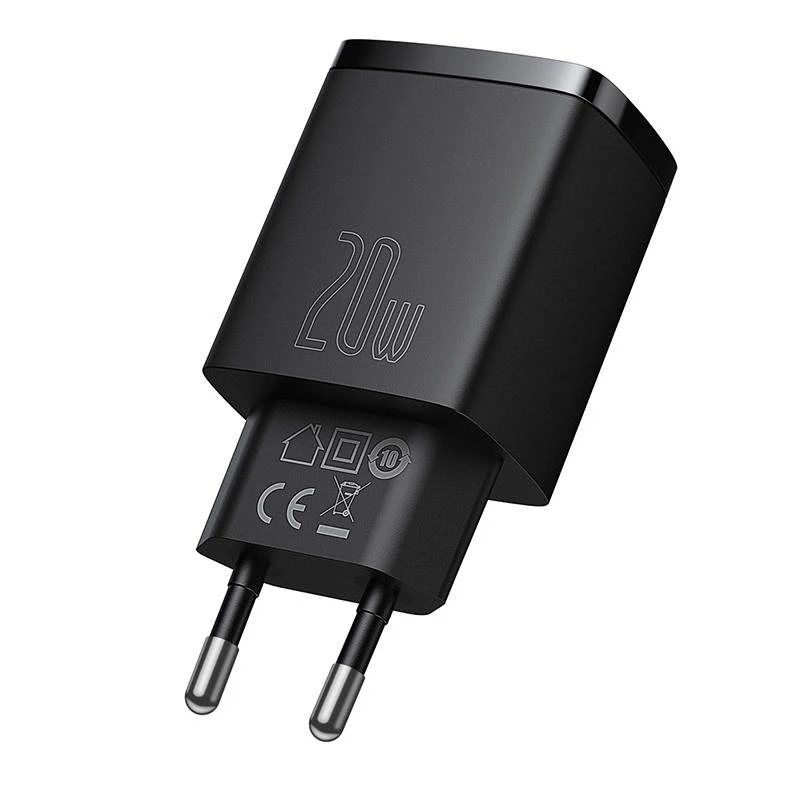 Baseus CCXJ-B01 — ātrs lādētājs 2-portu (USB-C PD 20W + USB-A QC3.0 18W), 100–240V, Melns