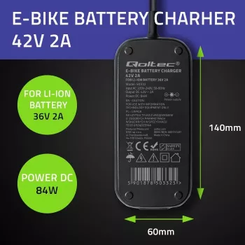Ebike lādētājs QOLTEC 50332 — 36V/42V izeja, 2A, 5.5×2.1 mm spraudnis