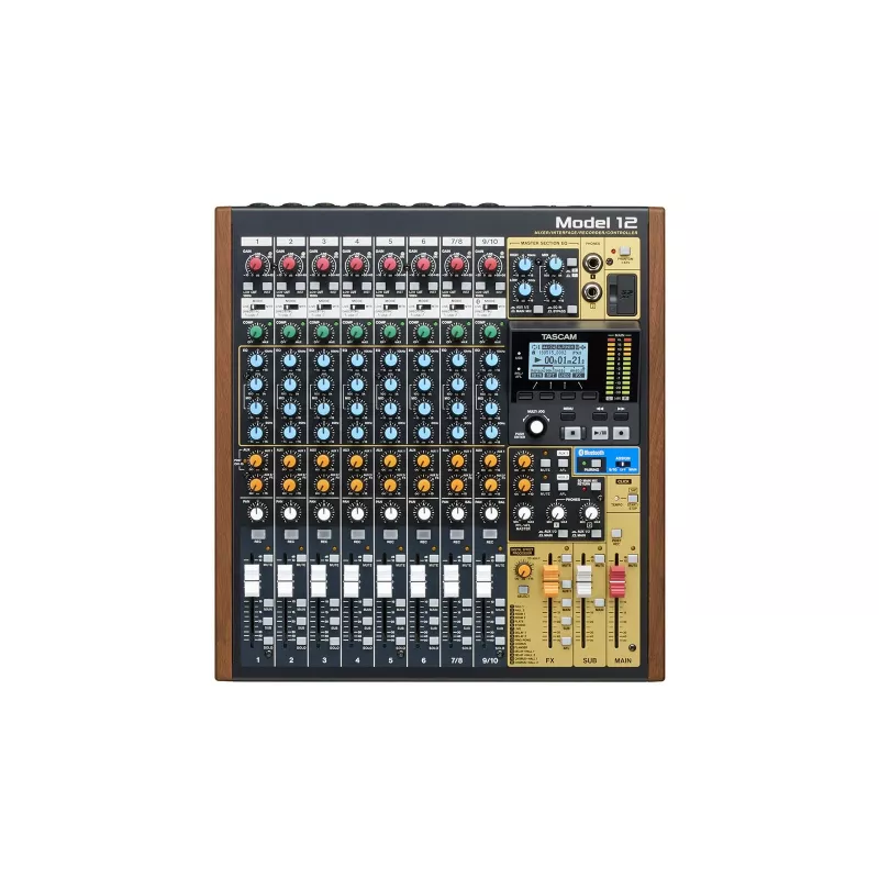 Tascam Model 12 10 kanālu mikseris ar 12 celiņu ierakstītāju, 20–20000 Hz, melns/koks