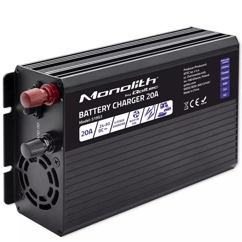 Qoltec Smart Monolith lādētājs LiFePO4 AGM GEL SLA akumulatoriem | 20A | 24V