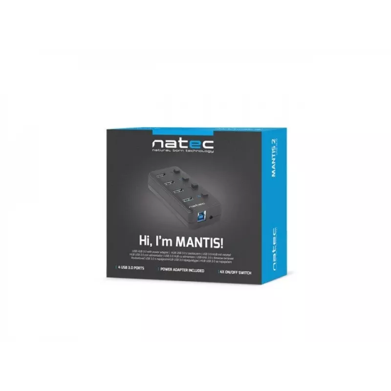 USB centrmezgls NATEC MANTIS USB 2.0 Type-B — 4x USB 3.2 Gen 1 Type-A porti, melns, 0,8 m kabelis, tīkla adapteris, barošanas slēdzis