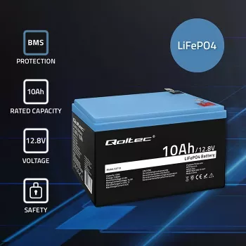 QOLTEC 10Ah 12.8V 128Wh uzlādējama LiFePO4 baterija ar iebūvētu BMS