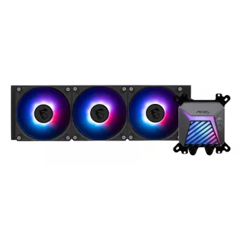 Šķidruma dzesēšanas sistēma MSI MAG Coreliquid A15 360 — 3x 120 mm ventilatori, radiators 394 x 120 x 27 mm, sūknis 5V, RGB, atbalsta LGA 1851