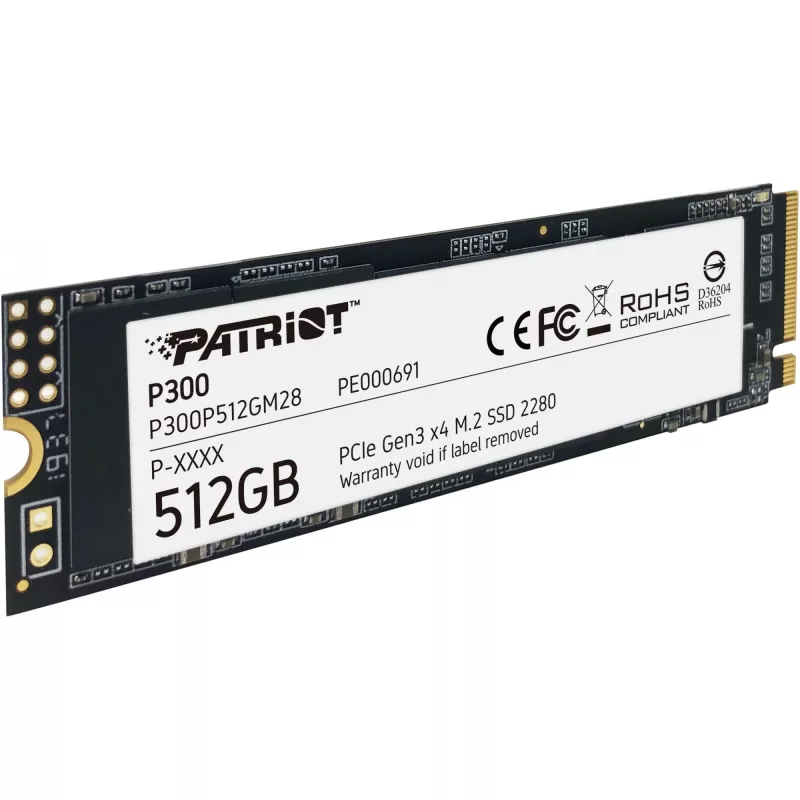 Iekšējais SSD PATRIOT P300 512 GB M.2 PCIe NVMe — Lasīšana 1700 MB/s, Rakstīšana 1200 MB/s, 3D NAND, 3.8 mm, TBW 240
