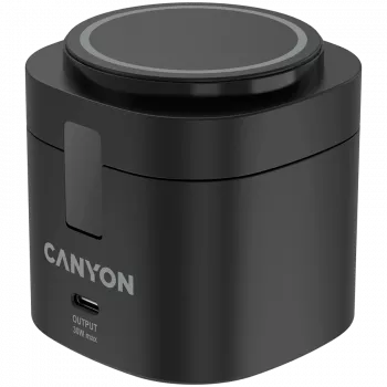 Canyon 4-in-1 bezvadu uzlādes statīvs, 30W maks., 70x70x70.3mm, 414g, ar 65W lādētāju un 1m kabeli, melns