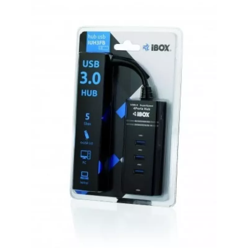 IBOX IUH3FB USB 3.2 Gen 1 4-portu centrmezgls, melns, 0,5 m kabelis