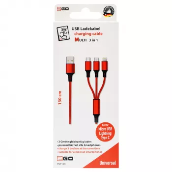 USB kabelis 2GO 797150 1.5 m USB B USB C/Micro-USB B/Lightning Sarkans