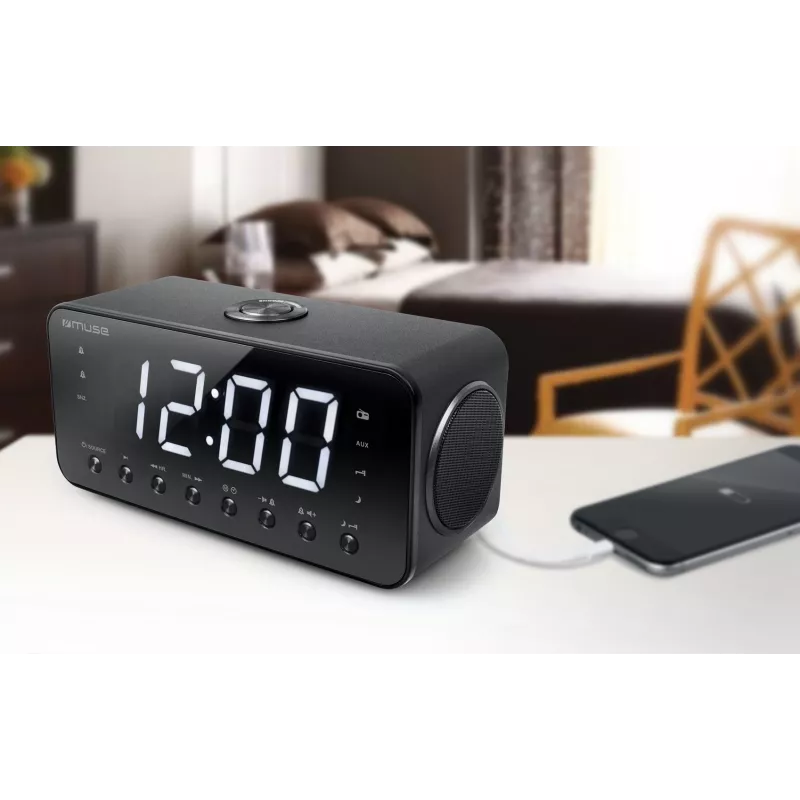 Modinātājs ar radio Muse M-192 CR — digitālais pulkstenis, FM uztvērējs, 1,8 collu LED displejs, melns koks, AC 100–240V, AAA rezerves