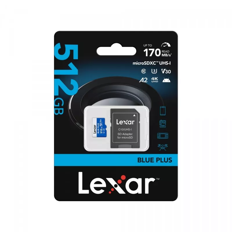 MicroSDXC atmiņas karte Lexar BLUE PLUS 512 GB, UHS‑I, nolasīšana 170 MB/s, U3/V30