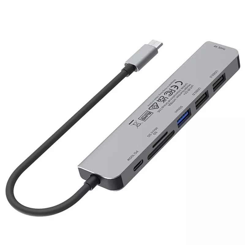 USB-C centrmezgls Unitek 7in1 Alumīnijs PD 100W 5 Gbps — daudzportu adapteris ar Power Delivery