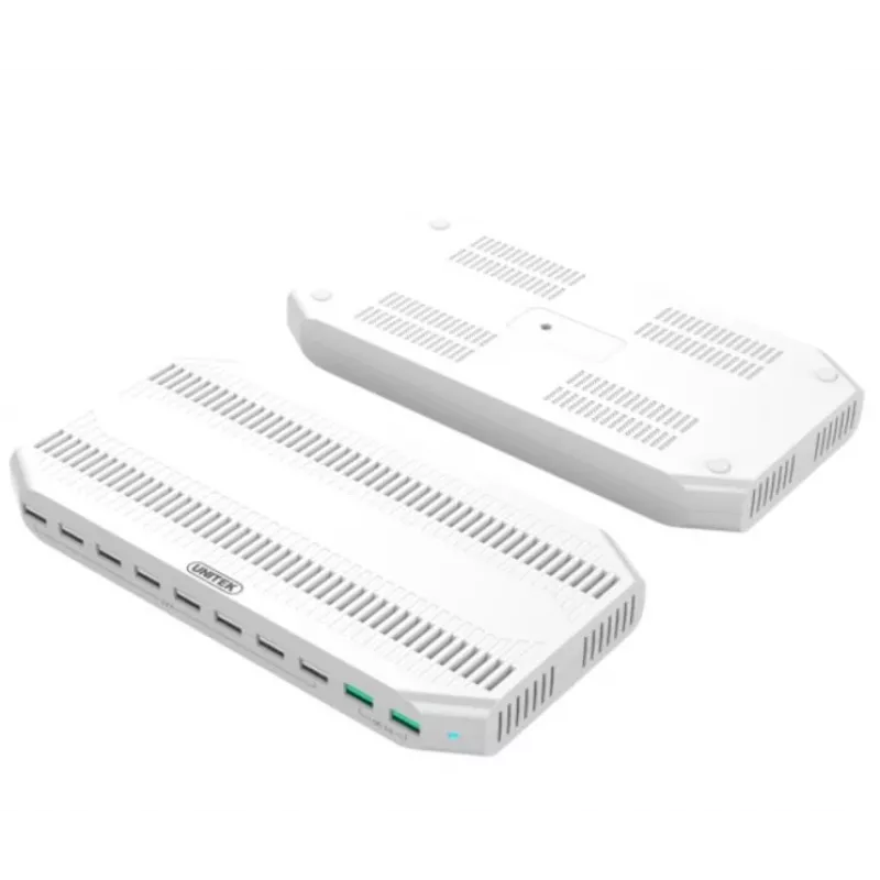 Uzlādes stacija Unitek Y-2190A — 10× USB porti (8×USB 2.0 + 2×USB 3.2 Gen1), bezvadu uzlāde, 96W kopā