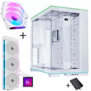 Lian Li O11 Dynamic EVO RGB korpusa komplekts ar HydroShift II LCD-S 360TL AiO un 3x UNI FAN SL-INF 120 Reverse Blade ventilators - Balts