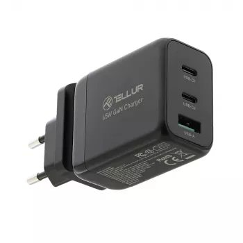Sienas lādētājs Tellur TLL151451 65W, 3-portu (2x USB-C, 1x USB-A)