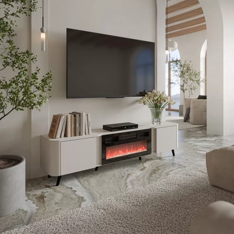 TV skapis Cama Meble Volare 200 x 39 x 49 cm smilškrāsā ar elektrisko kamīnu