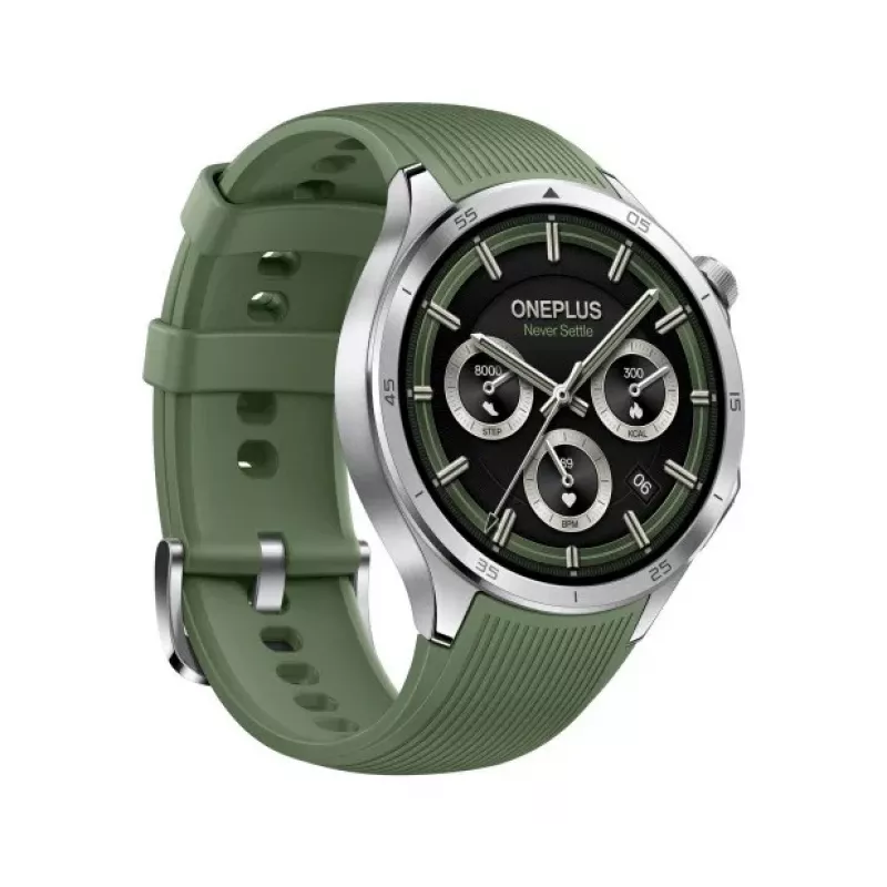 Viedpulkstenis ONEPLUS Watch 3 Emerald Titanium — 46 mm nerūsējošā tērauda korpuss, 1,5 collu AMOLED, GPS, IP68, 16 dienu akumulators, gumijas zaļa siksniņa