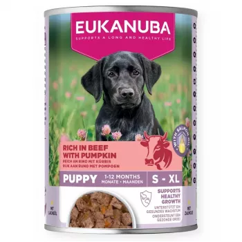 Eukanuba kucēnu mitrā barība ar liellopa gaļu un ķirbi, 400 g konservu kārba