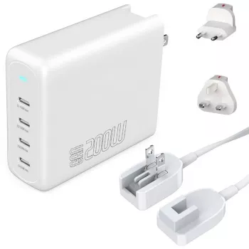 4smarts 545200 Iekštelpu AC ātrais lādētājs — 200W, 4× USB-C, 100–240V, 1.5m kabelis, Balts