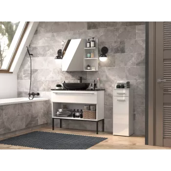 Brīvi stāvošs vannas istabas plaukts ar baltu rāmi NEL V DS BIEL POŁ — 3 plaukti, 300×300×850 mm
