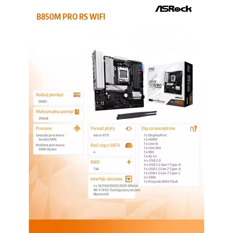 Mātesplate ASRock B850M Pro RS WiFi — AMD B850, Socket AM5, microATX, DDR5, 4 DIMM, 256GB, Wi‑Fi 6E, 2.5Gb LAN, 3x M.2