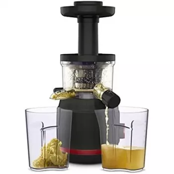 Lēns sulu spiede Tefal Juiceo ZC150 — 150 W, 4,5 cm padeves atvere, 0,8 L sulas un mīkstuma tvertnes, 80 RPM, Melns/Sarkans